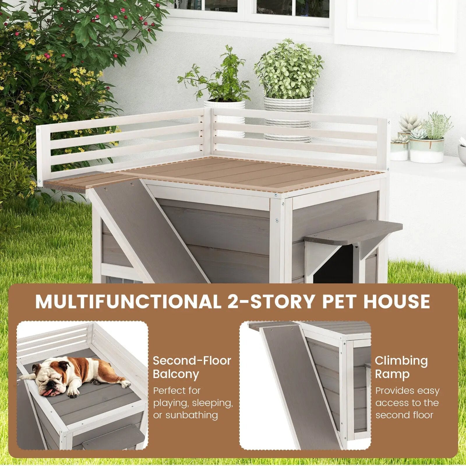 Outdoor Wooden Feral Cat House with Balcony and Slide-Gray by DirectDeals