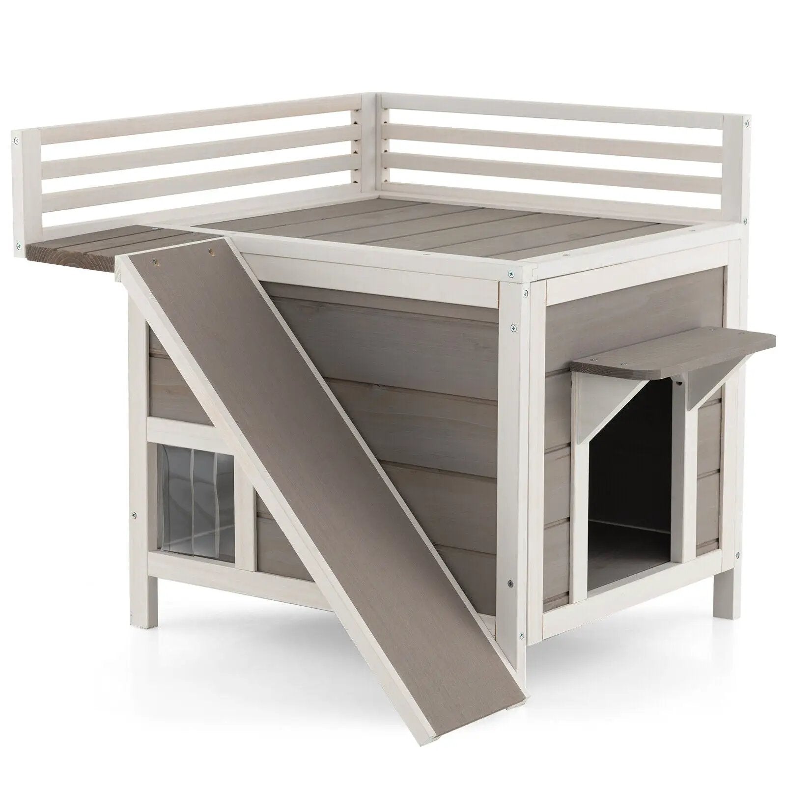 Outdoor Wooden Feral Cat House with Balcony and Slide-Gray by DirectDeals