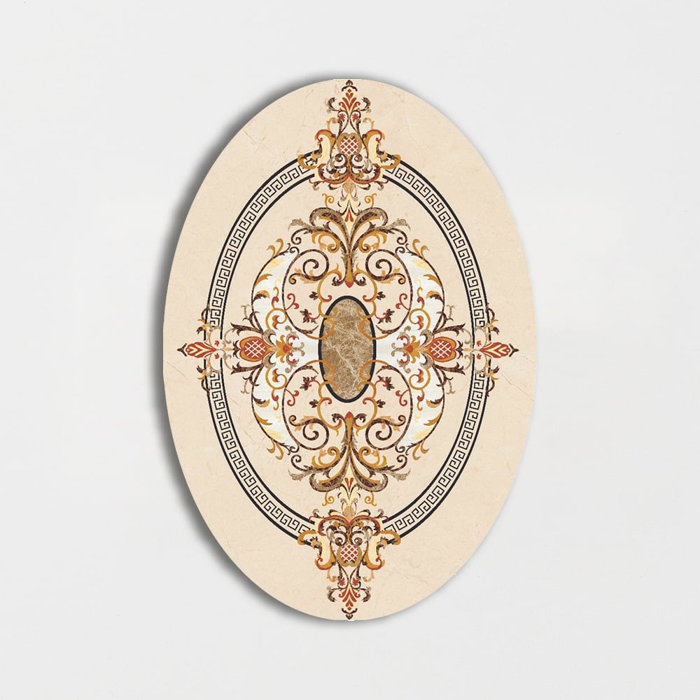 Oval Aluminum Backed Multi Finish Prosperity Marble Medallions 3x5 Marble Multi Finish 6x6 Medallions