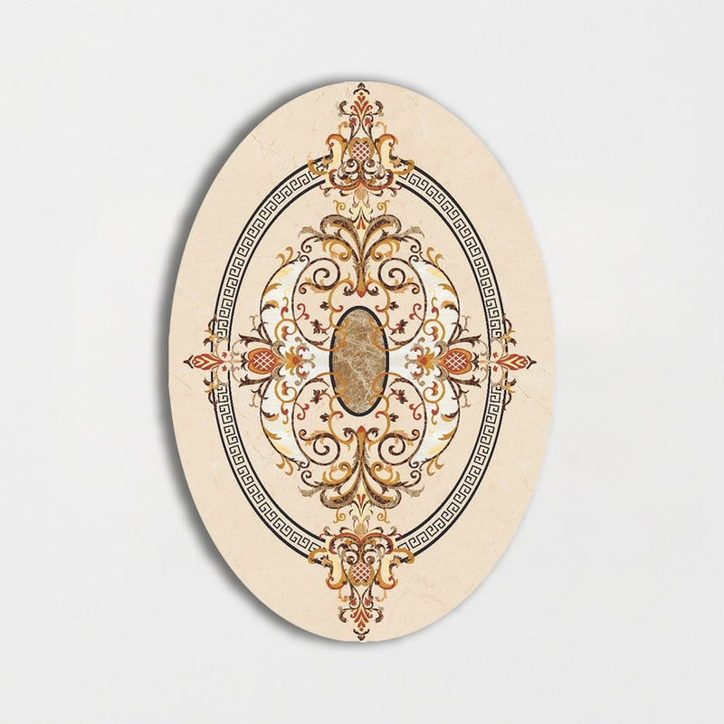 Oval Aluminum Backed Multi Finish Prosperity Marble Medallions 3x5 Marble Multi Finish 6x6 Medallions