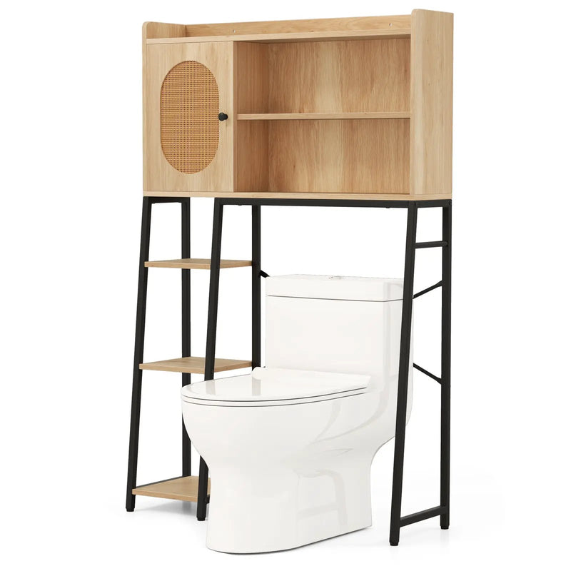Over The Toilet Storage Cabinet with PE Rattan Door and Open Storage Shelves-Natural by DirectDeals