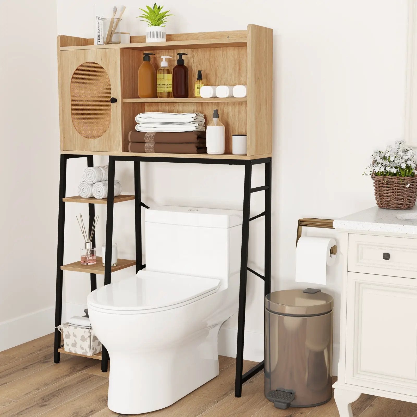 Over The Toilet Storage Cabinet with PE Rattan Door and Open Storage Shelves-Natural by DirectDeals