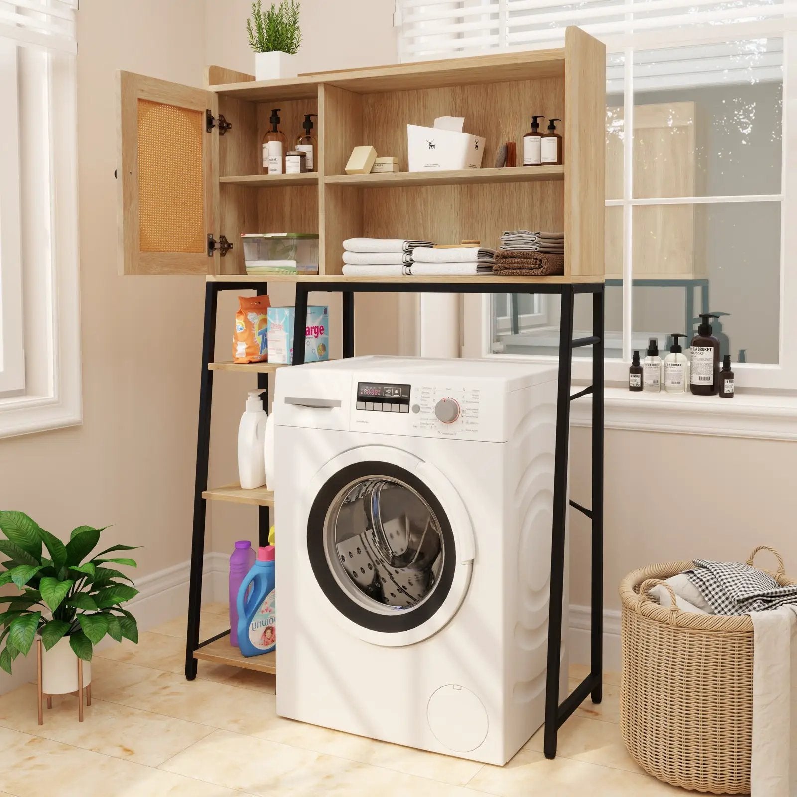 Over The Toilet Storage Cabinet with PE Rattan Door and Open Storage Shelves-Natural by DirectDeals