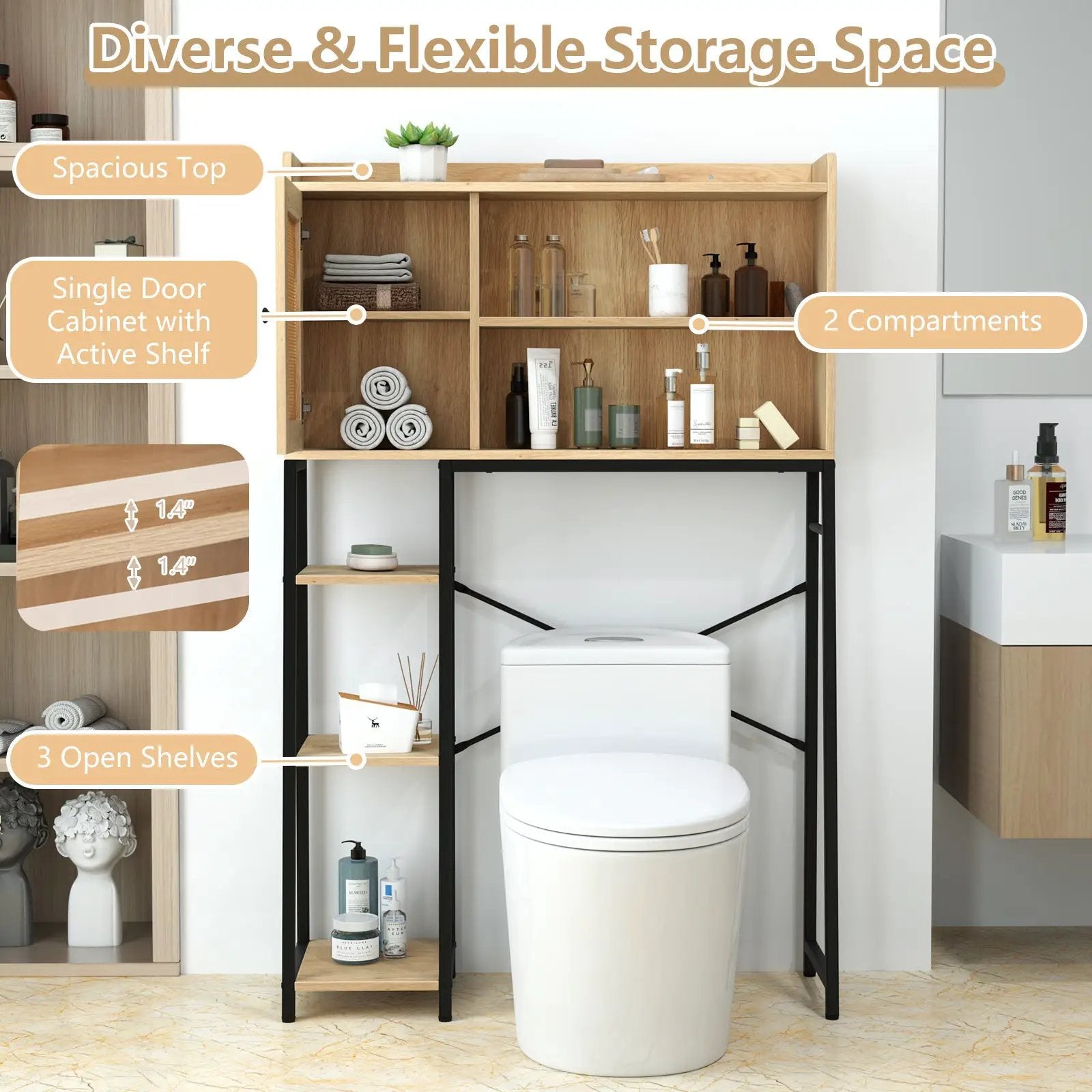 Over The Toilet Storage Cabinet with PE Rattan Door and Open Storage Shelves-Natural by DirectDeals