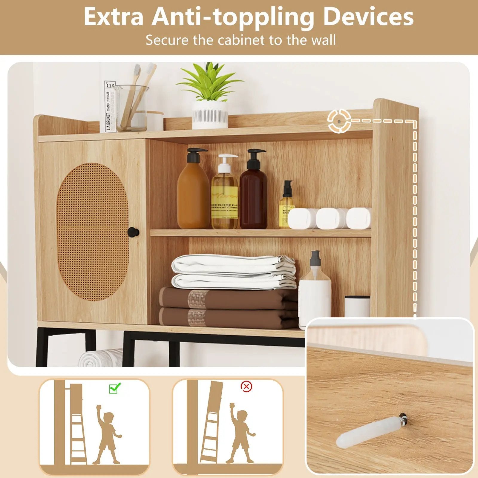 Over The Toilet Storage Cabinet with PE Rattan Door and Open Storage Shelves-Natural by DirectDeals