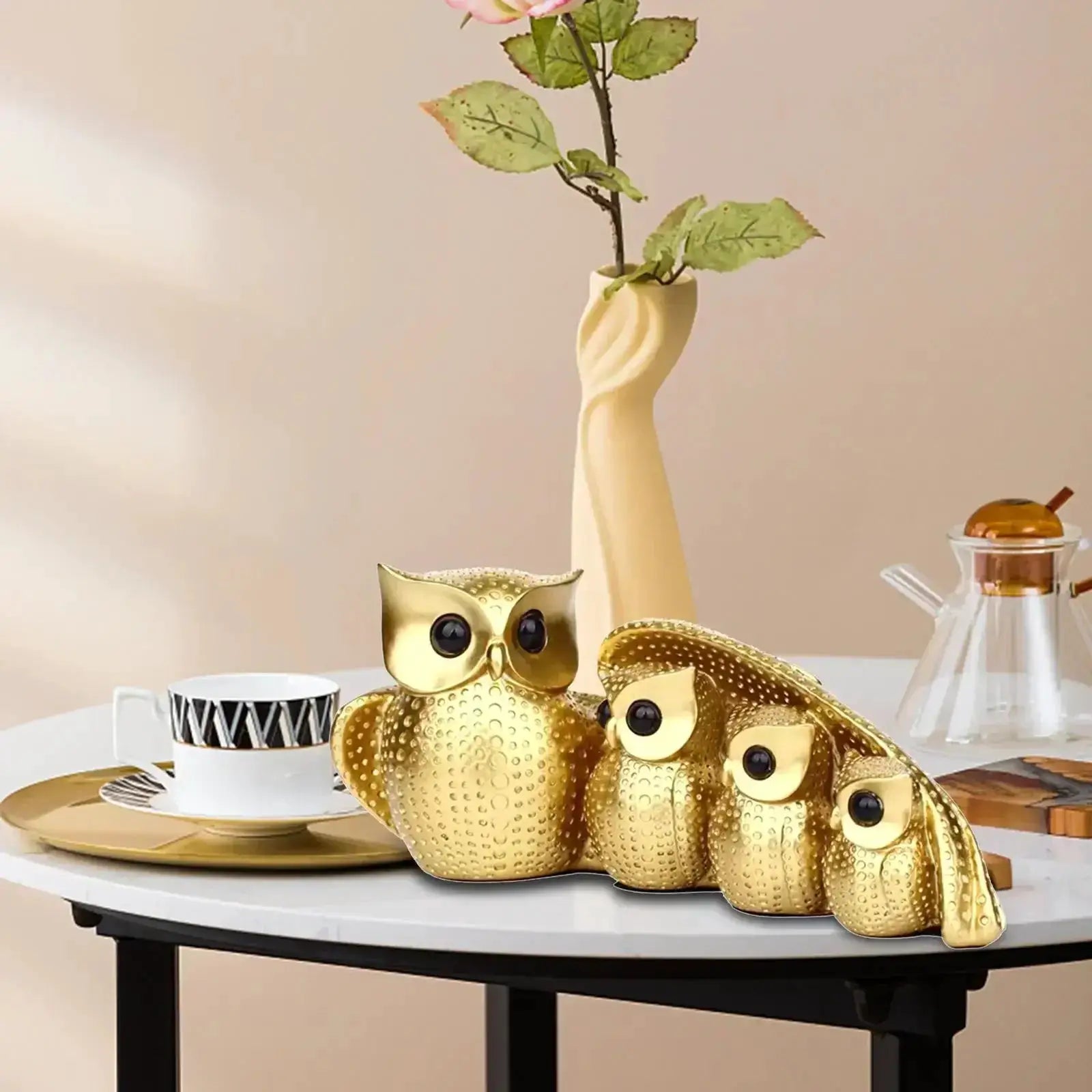 Golden Owl Family Figurine Decorative Tabletop Sculpture by House Of Avana