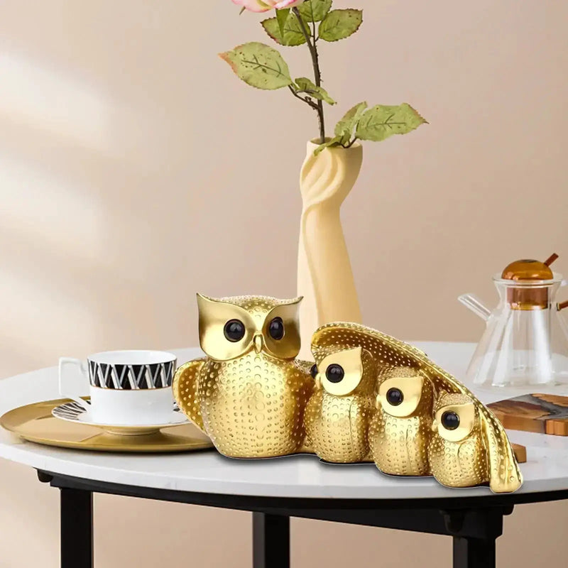 Golden Owl Family Figurine Decorative Tabletop Sculpture by House Of Avana