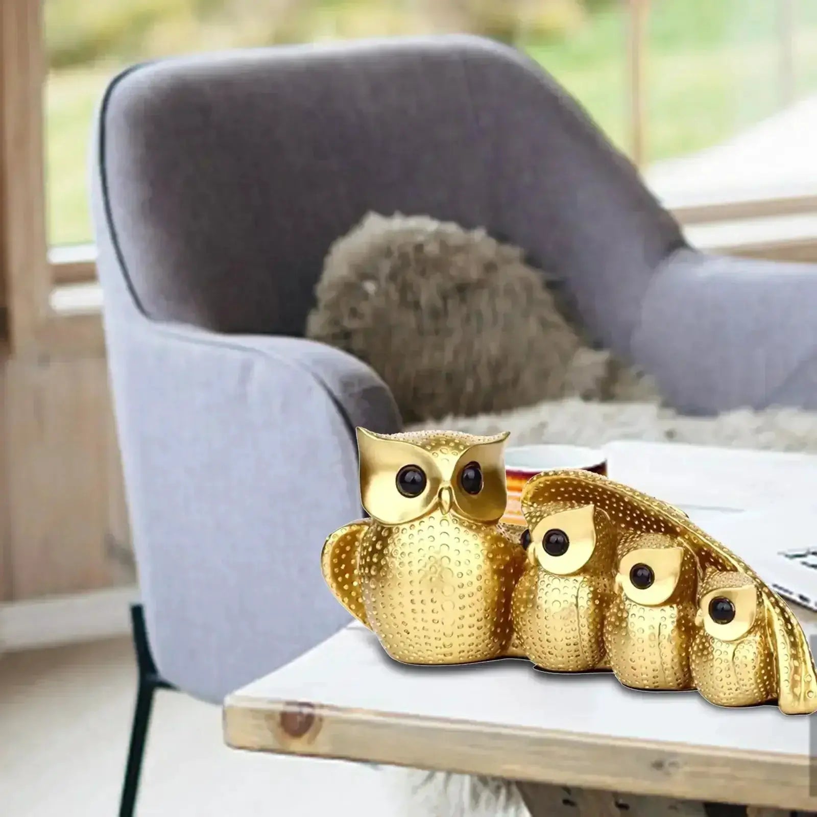 Golden Owl Family Figurine Decorative Tabletop Sculpture by House Of Avana