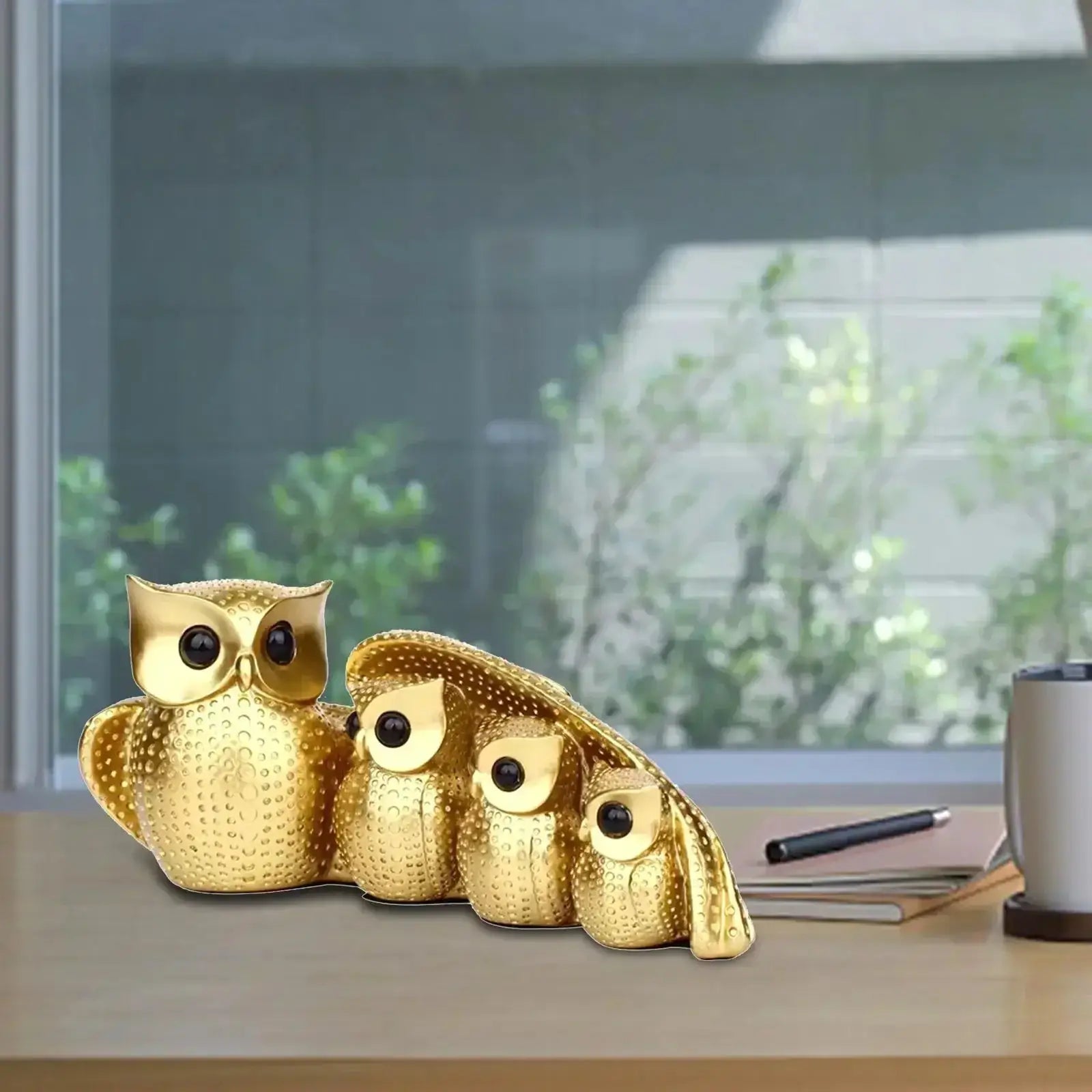 Golden Owl Family Figurine Decorative Tabletop Sculpture by House Of Avana