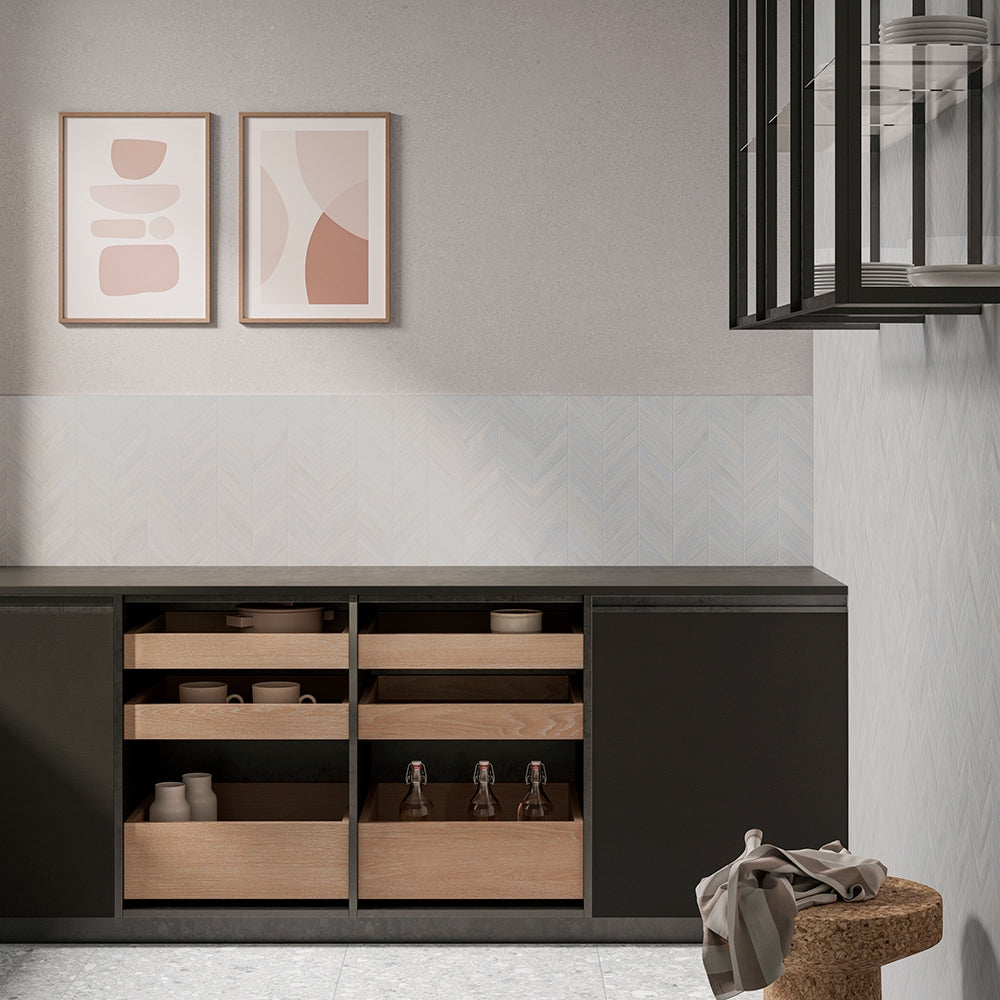 Oxford Gris Matte Chevron Wood Look Porcelain Mosaics 17x7 3/4 Porcelain Matte 8x16 Mosaics — 2
