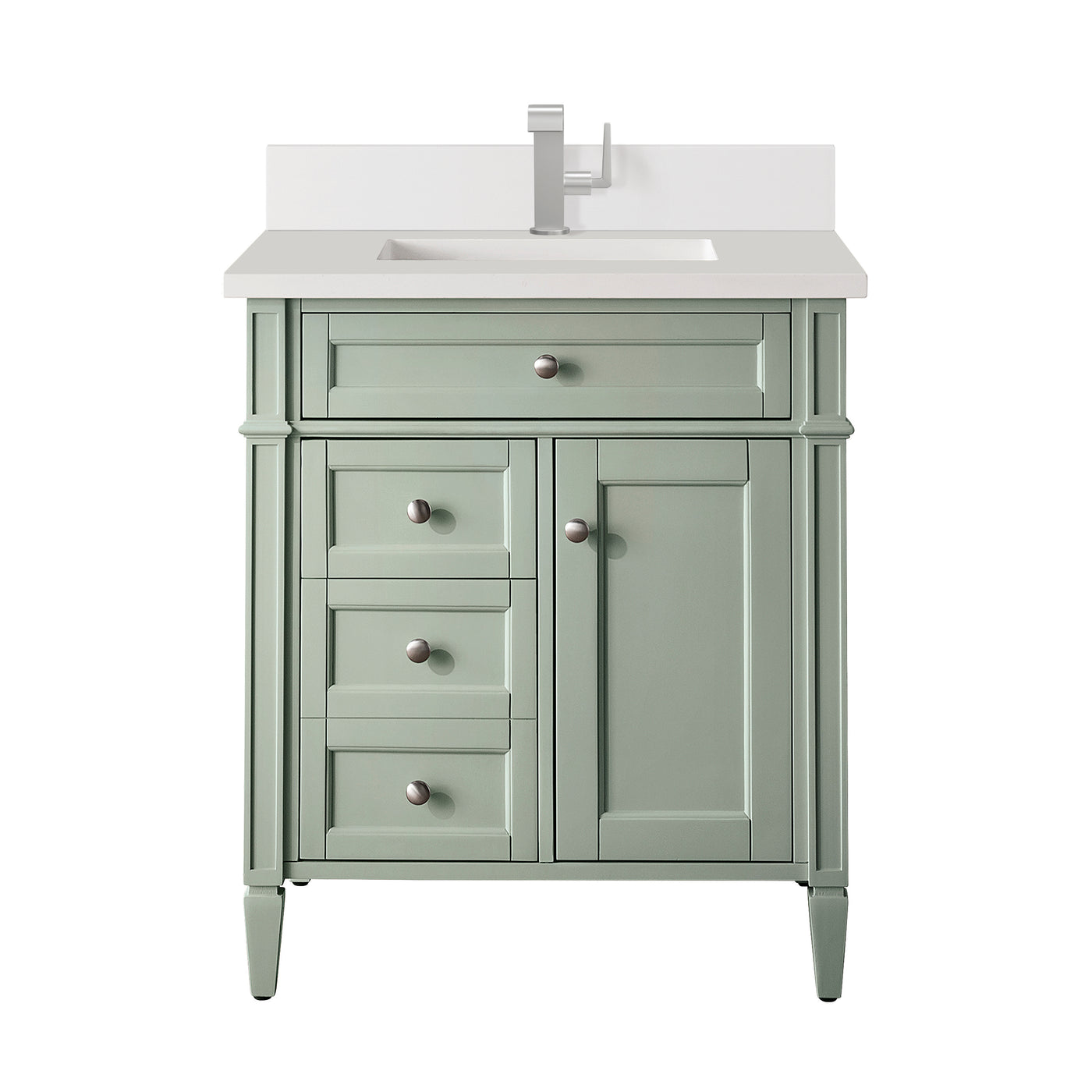 James Martin Brittany 30" Single Bathroom Vanity, Sage Green with White Zeus (Single Hole, with Backsplash) countertop