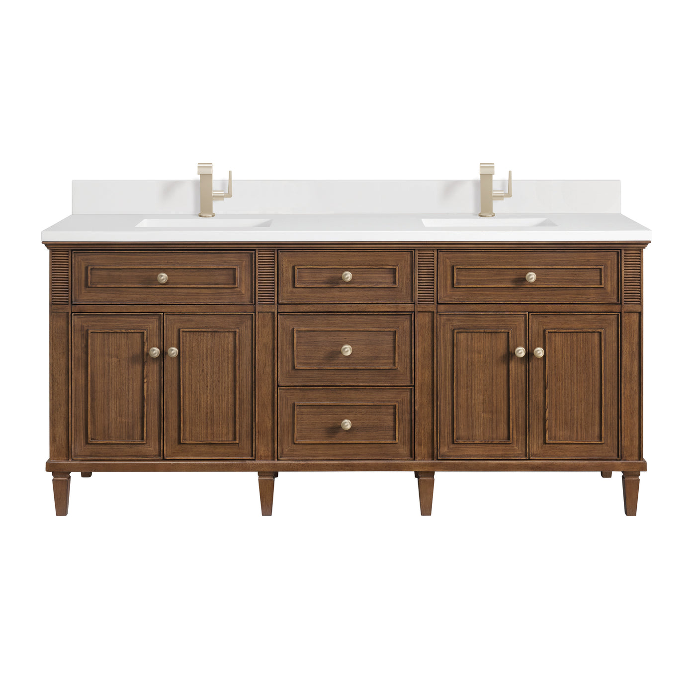 James Martin Lorelai 72" Double Bathroom Vanity, Mid-Century Walnut with White Zeus (Single Hole, with Backsplash) countertop