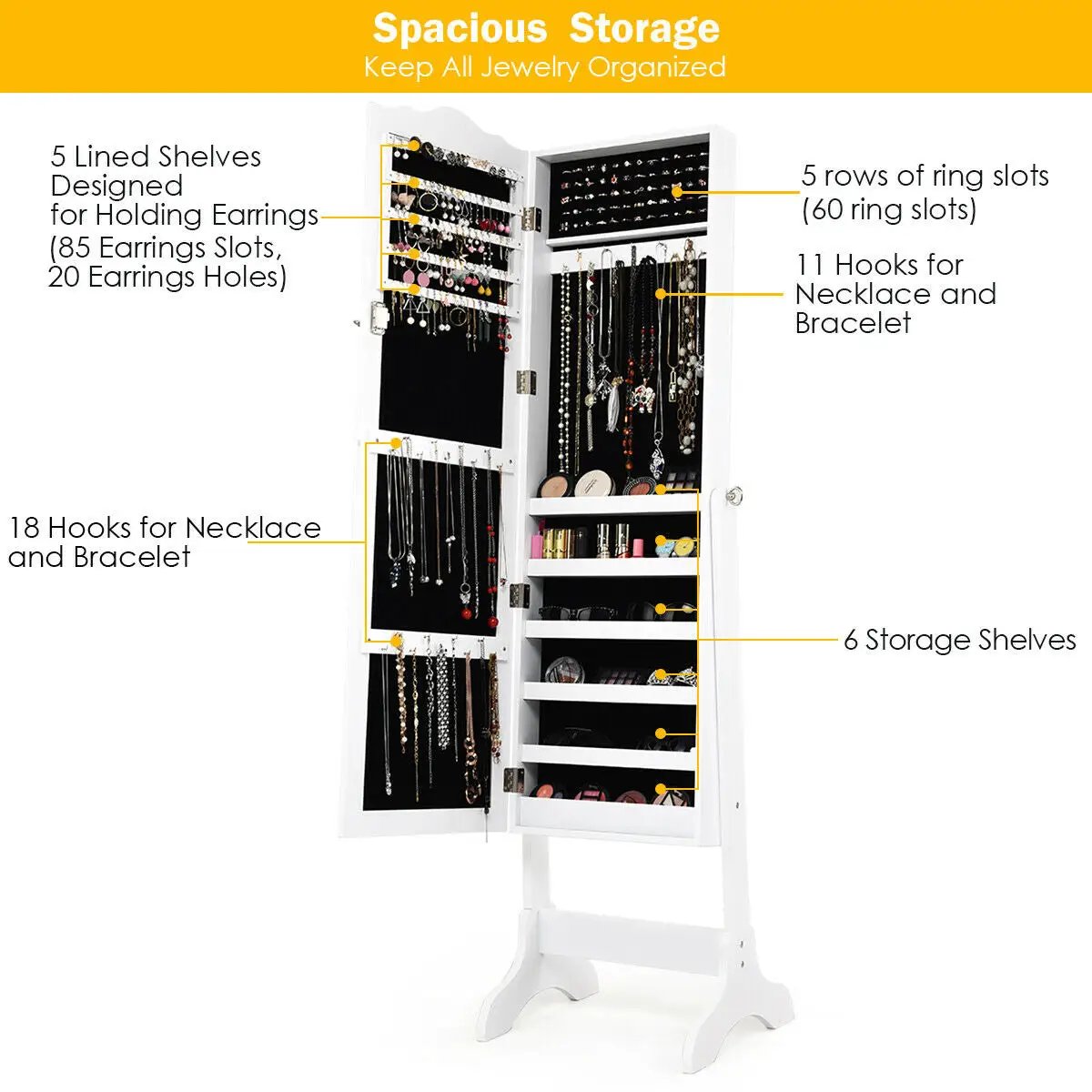 Mirrored Lockable Jewelry Cabinet Armoire Organizer Storage Box, photo 8 of 9