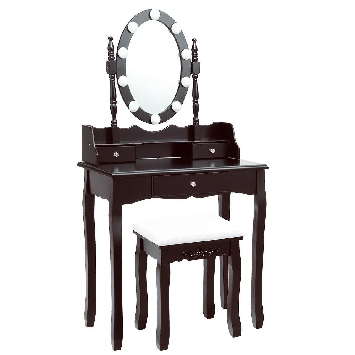 Oval Mirror Vanity Set with 10 LED Dimmable Bulbs and 3 Drawers by DirectDeals