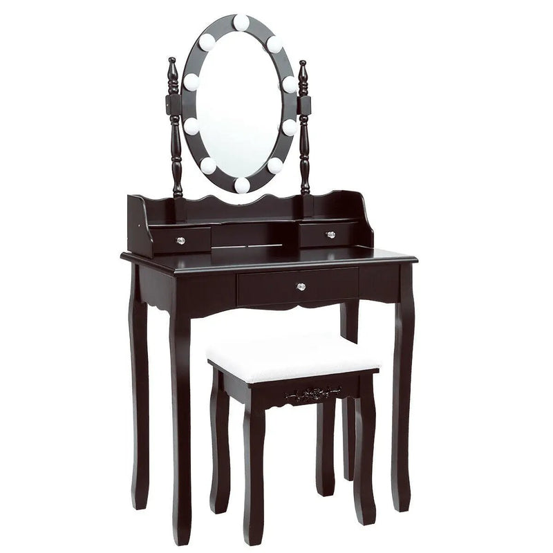 Oval Mirror Vanity Set with 10 LED Dimmable Bulbs and 3 Drawers by DirectDeals