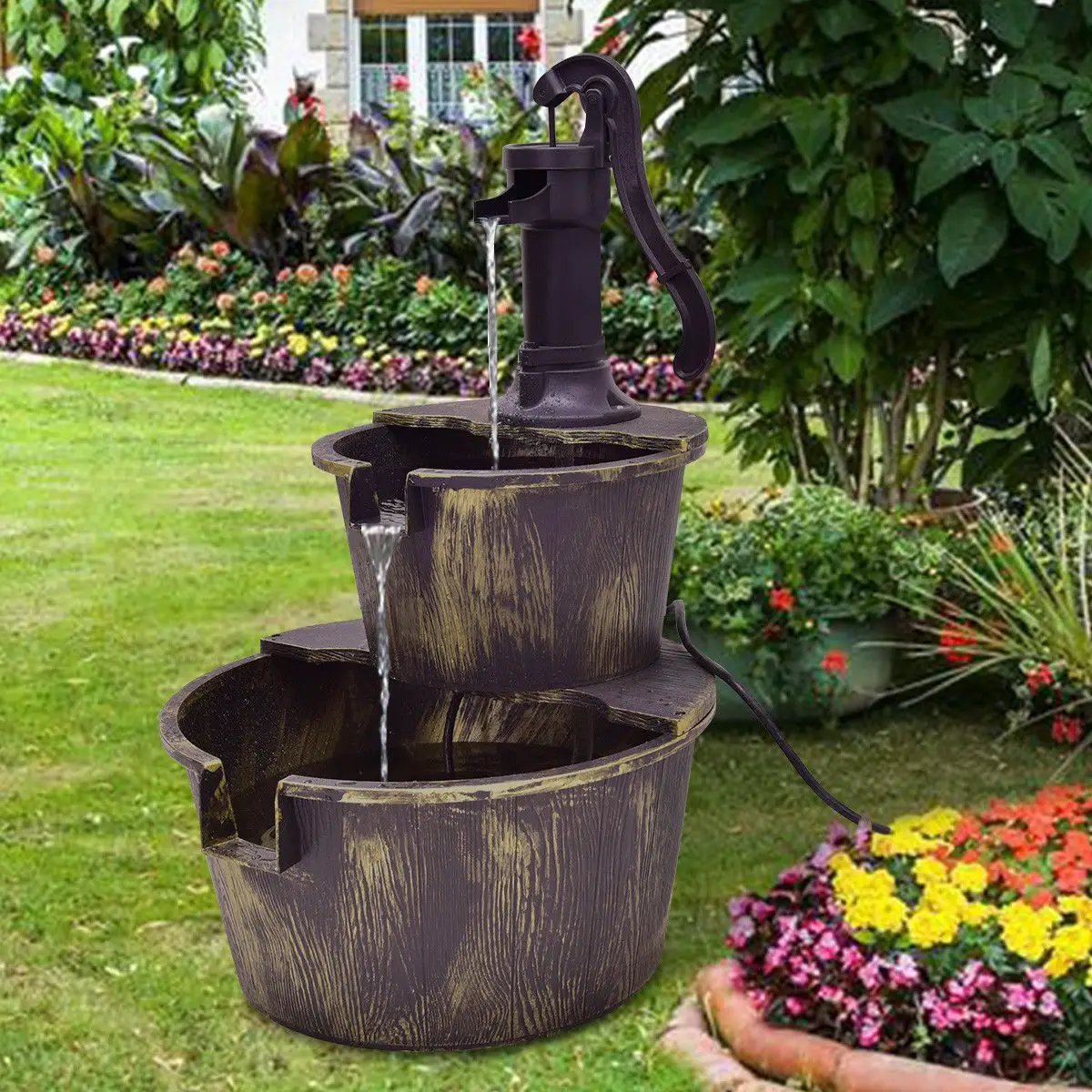 2 Tiers Outdoor Barrel Waterfall Fountain with Pump by DirectDeals