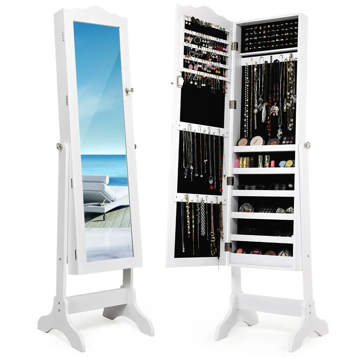 Mirrored Lockable Jewelry Cabinet Armoire Organizer Storage Box, photo 5 of 9