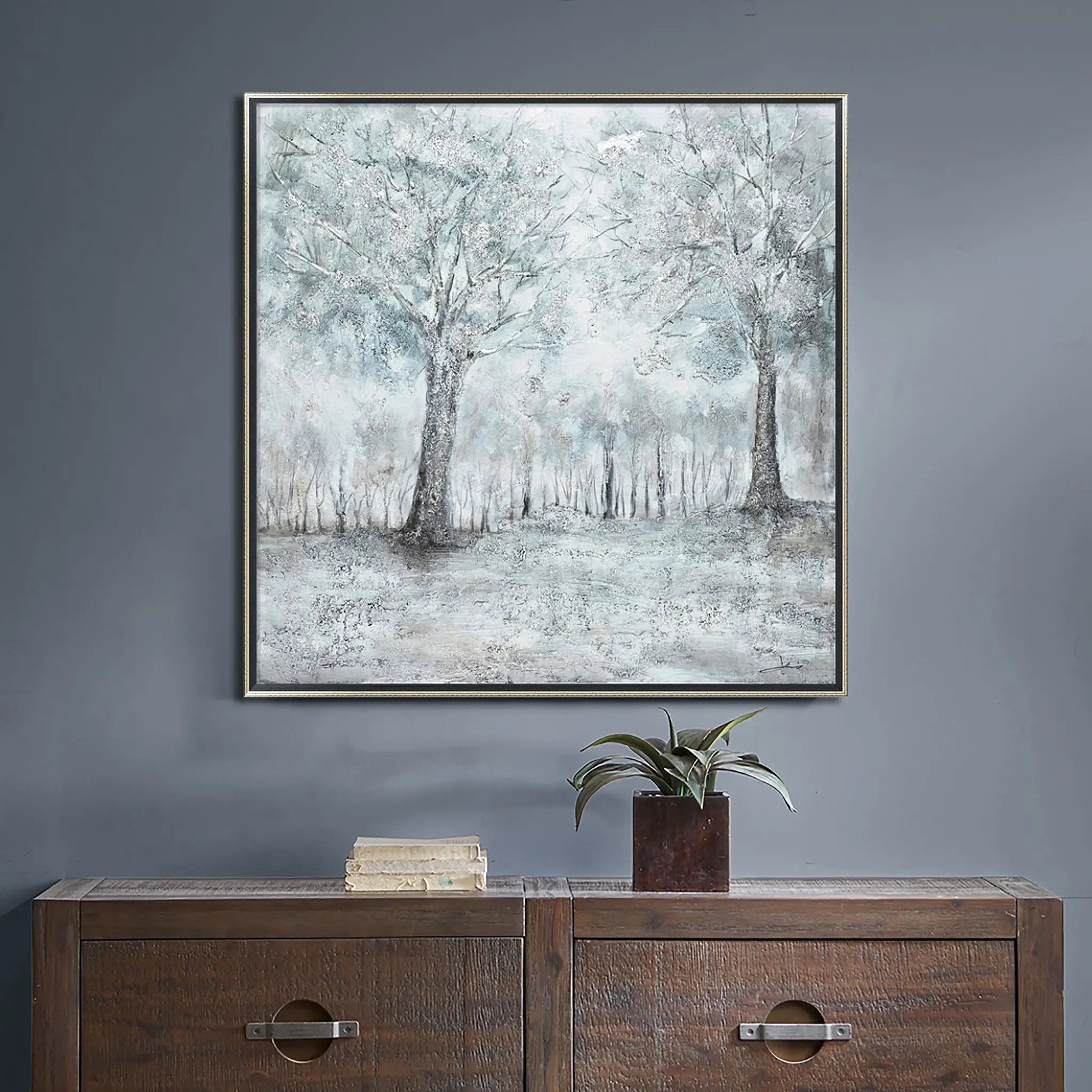 Hand Painted Acrylic Wall Art Snowy Forrest on a 39 x 39 Square Canvas with a Silver Wooden Frame by Sharicks