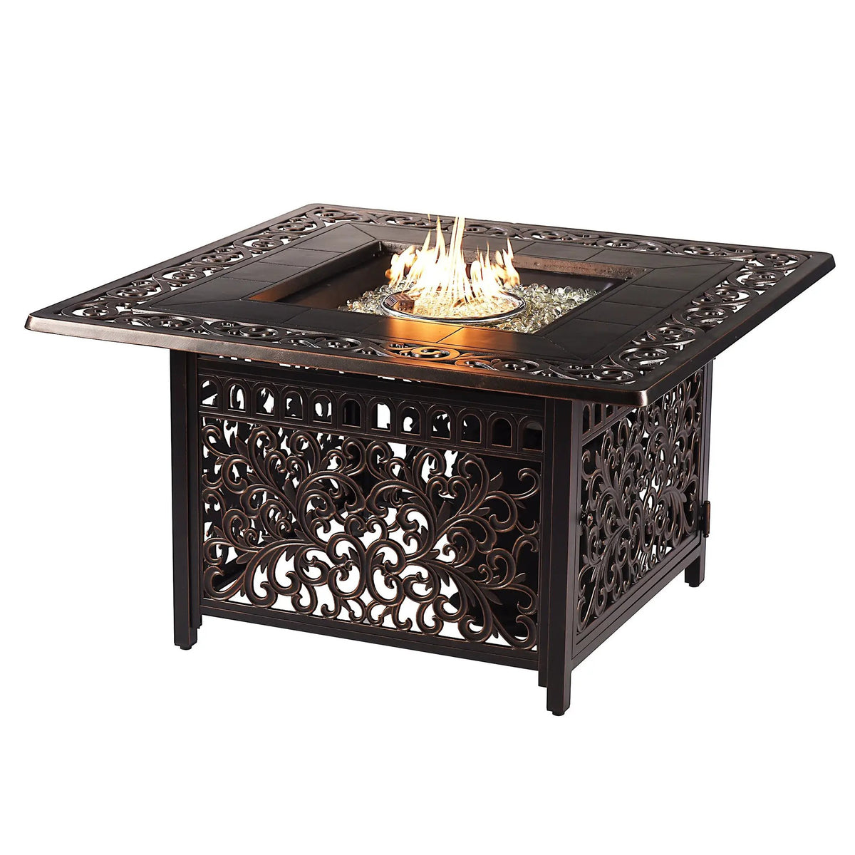 Black Aluminum Fire Table Set with Four Deep Seating Loveseats by Sharicks