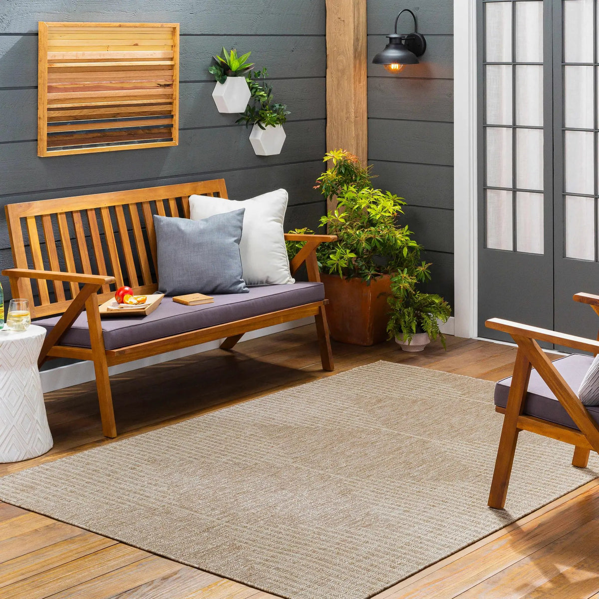 Stephan Dark Beige Outdoor Rug, installed in a room