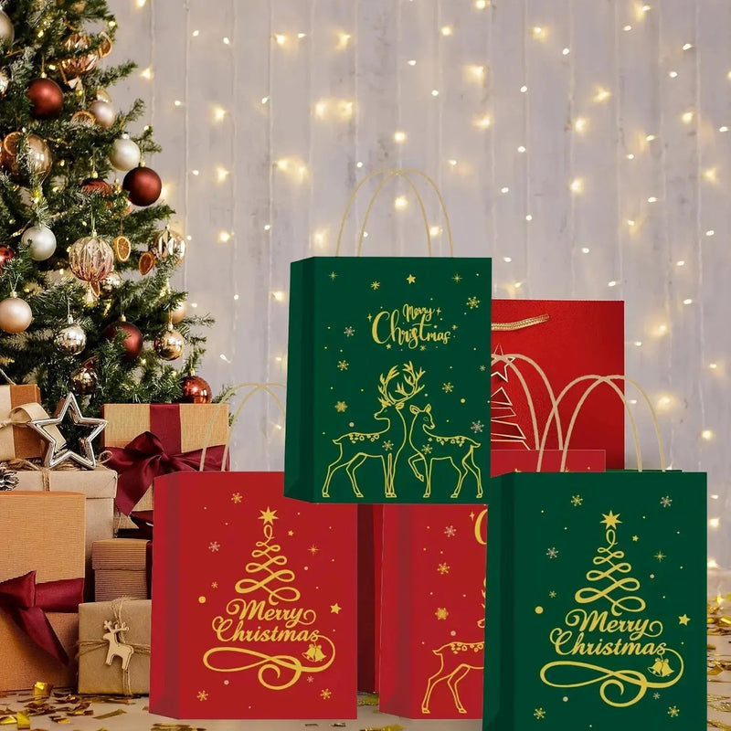 Paper Christmas Gift Bags 12-Pack with Golden Handles by House Of Avana
