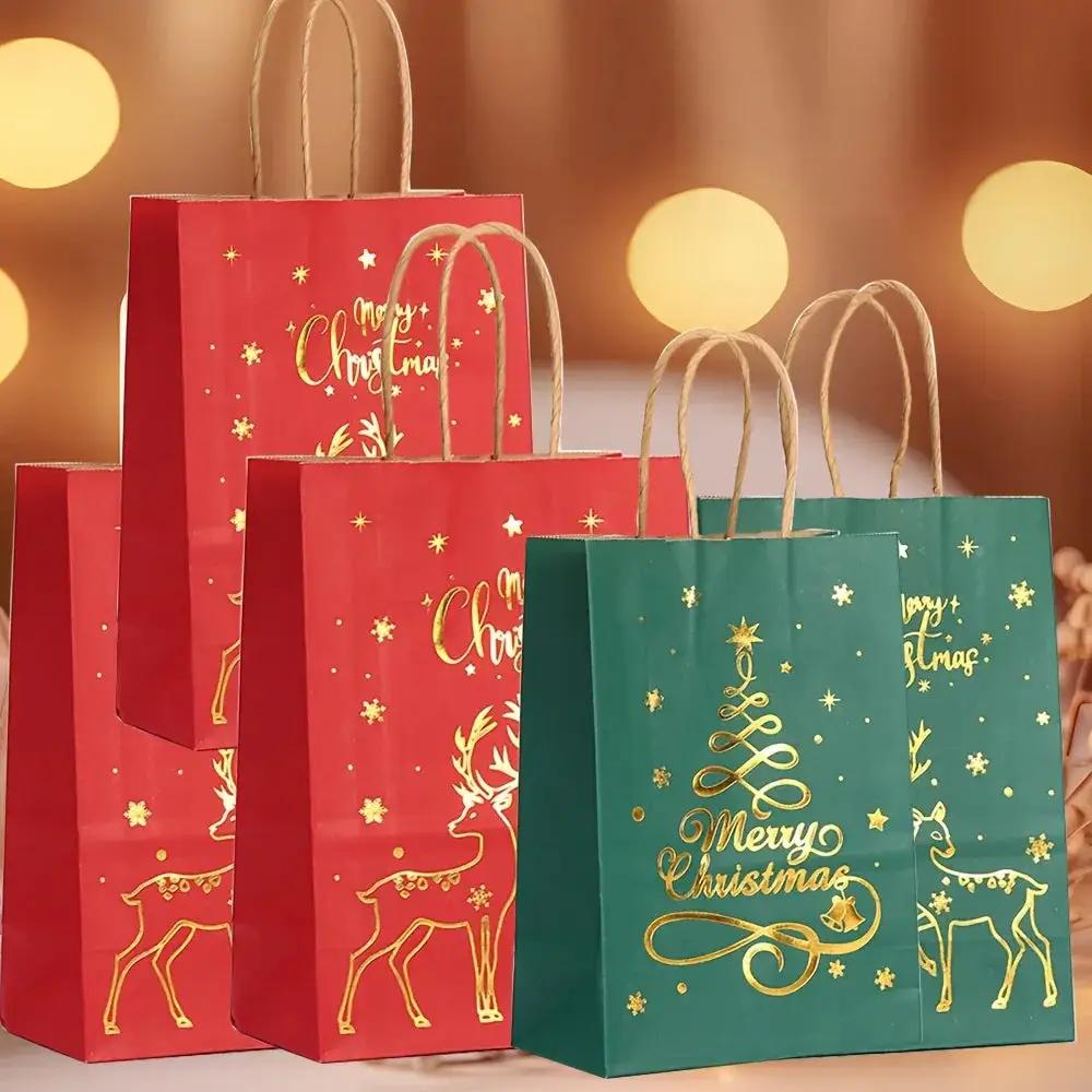 Paper Christmas Gift Bags 12-Pack with Golden Handles by House Of Avana