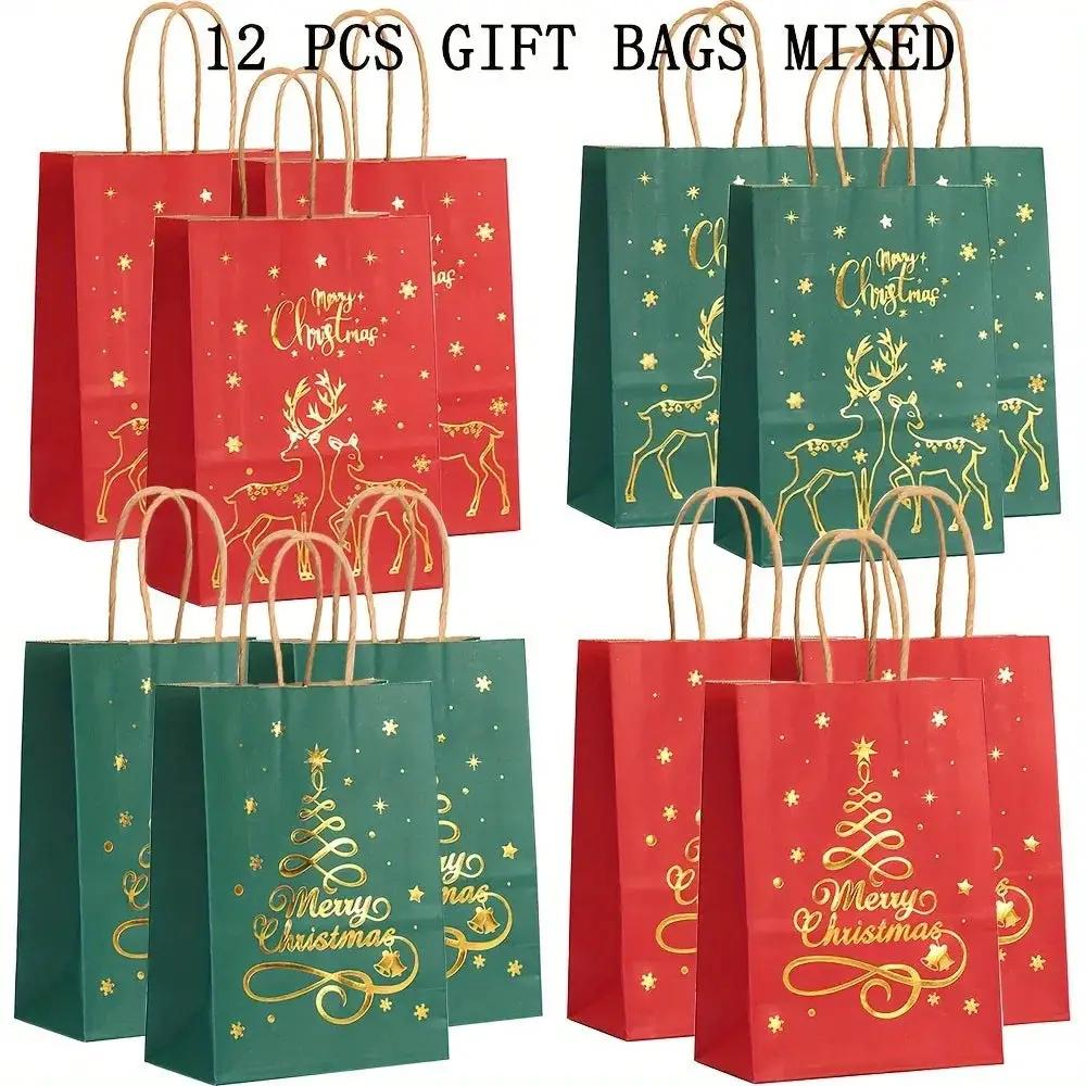 Paper Christmas Gift Bags 12-Pack with Golden Handles by House Of Avana