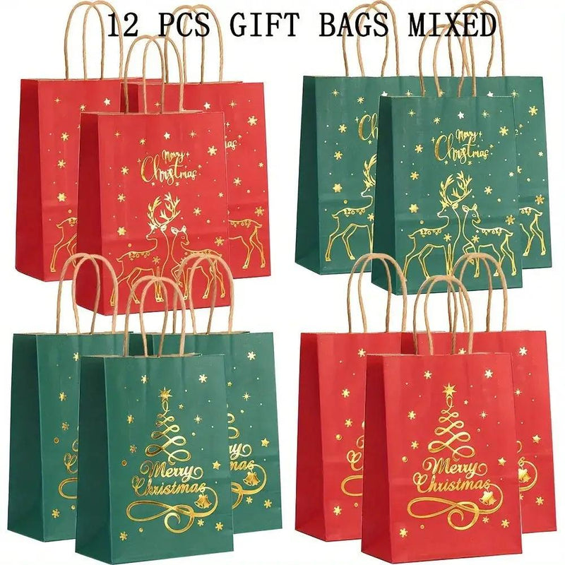 Paper Christmas Gift Bags 12-Pack with Golden Handles by House Of Avana