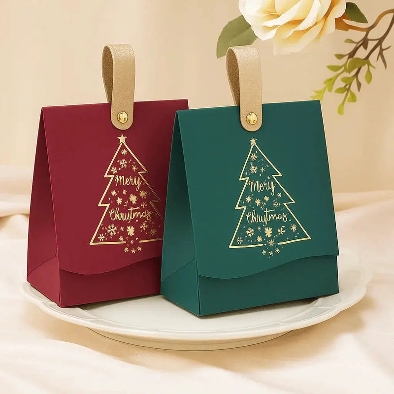 Paper Gift Bags with Leather Handles, Red & Green Foil Tree Design by House Of Avana
