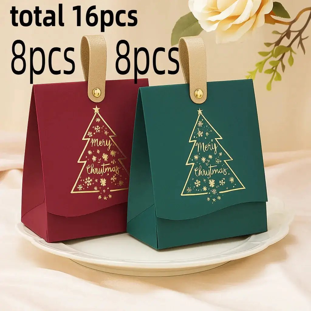 Paper Gift Bags with Leather Handles, Red & Green Foil Tree Design by House Of Avana