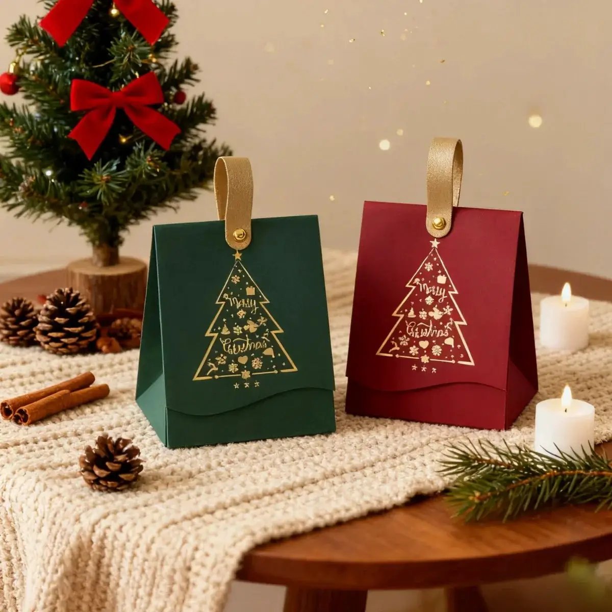 Paper Gift Bags with Leather Handles, Red & Green Foil Tree Design by House Of Avana