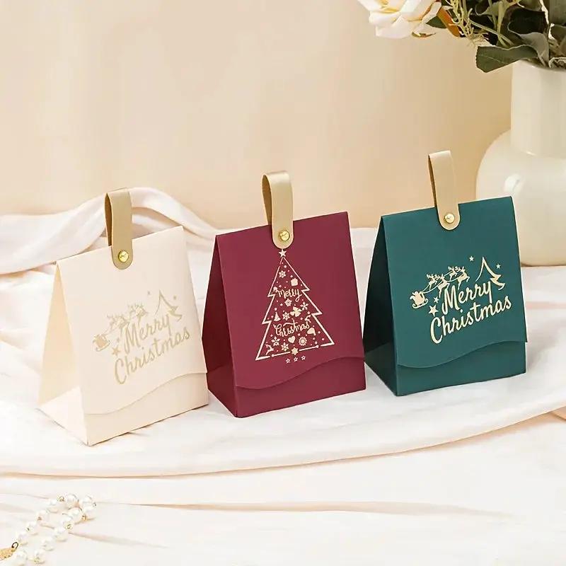 Paper Gift Bags with Leather Handles, Red & Green Foil Tree Design by House Of Avana
