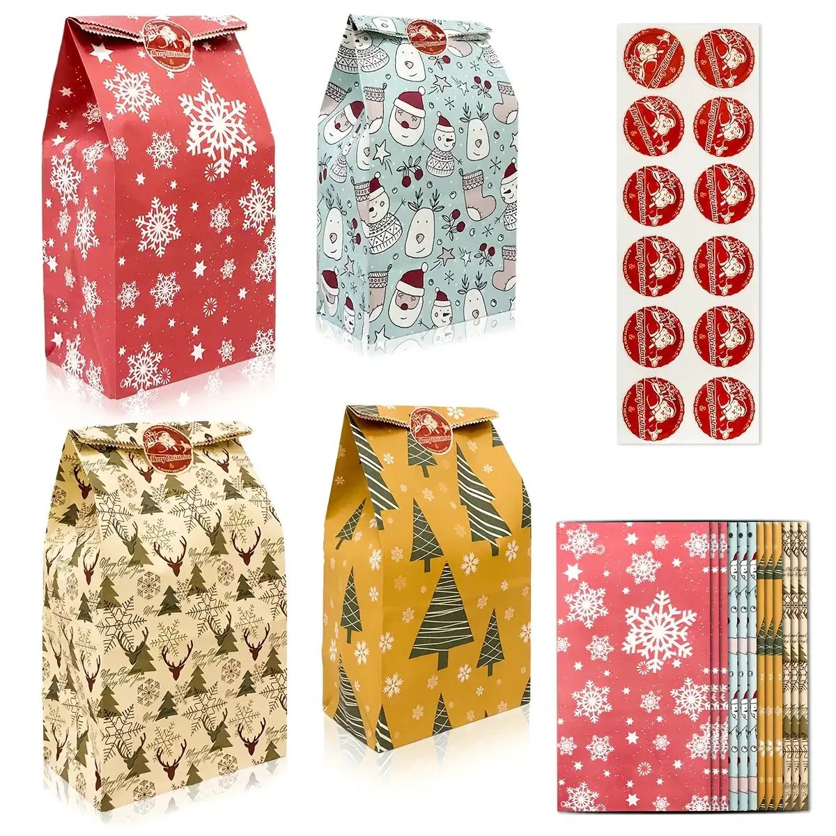 Paper Gift Bags with Red Sealing Stickers, 24pcs Set of Christmas Snowflake Designs by House Of Avana