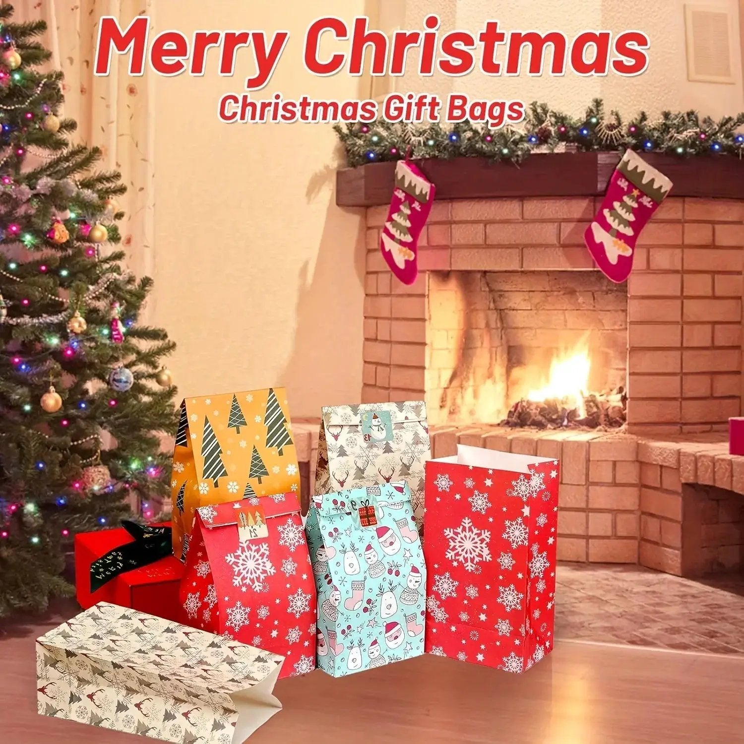 Paper Gift Bags with Red Sealing Stickers, 24pcs Set of Christmas Snowflake Designs by House Of Avana