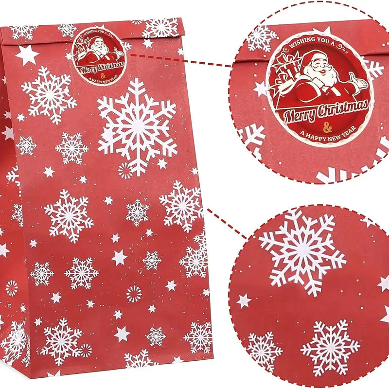 Paper Gift Bags with Red Sealing Stickers, 24pcs Set of Christmas Snowflake Designs by House Of Avana