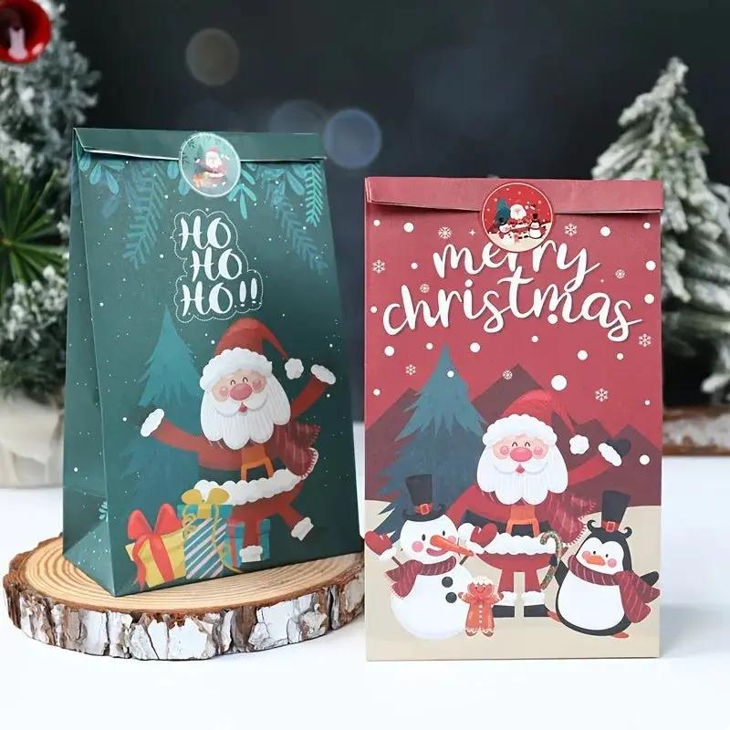 Paper Handbag with Christmas Stickers, Red Green Santa Design, 6pcs Gift Bag by House Of Avana