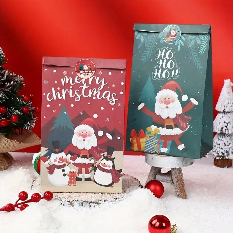 Paper Handbag with Christmas Stickers, Red Green Santa Design, 6pcs Gift Bag by House Of Avana