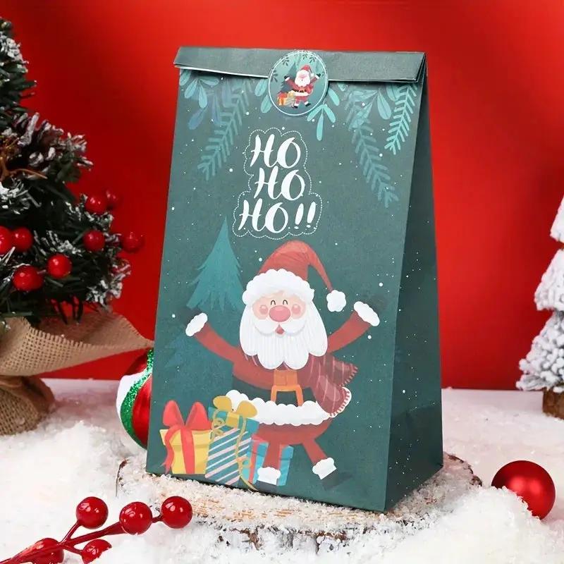 Paper Handbag with Christmas Stickers, Red Green Santa Design, 6pcs Gift Bag by House Of Avana