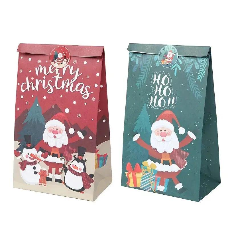 Paper Handbag with Christmas Stickers, Red Green Santa Design, 6pcs Gift Bag by House Of Avana