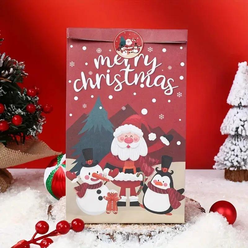 Paper Handbag with Christmas Stickers, Red Green Santa Design, 6pcs Gift Bag by House Of Avana