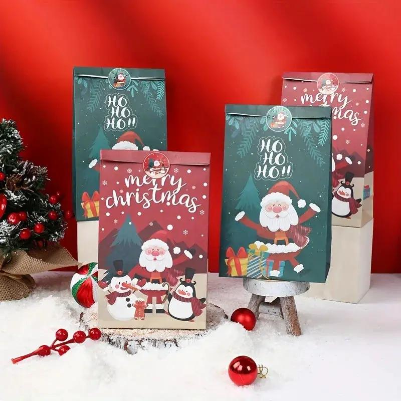 Paper Handbag with Christmas Stickers, Red Green Santa Design, 6pcs Gift Bag by House Of Avana