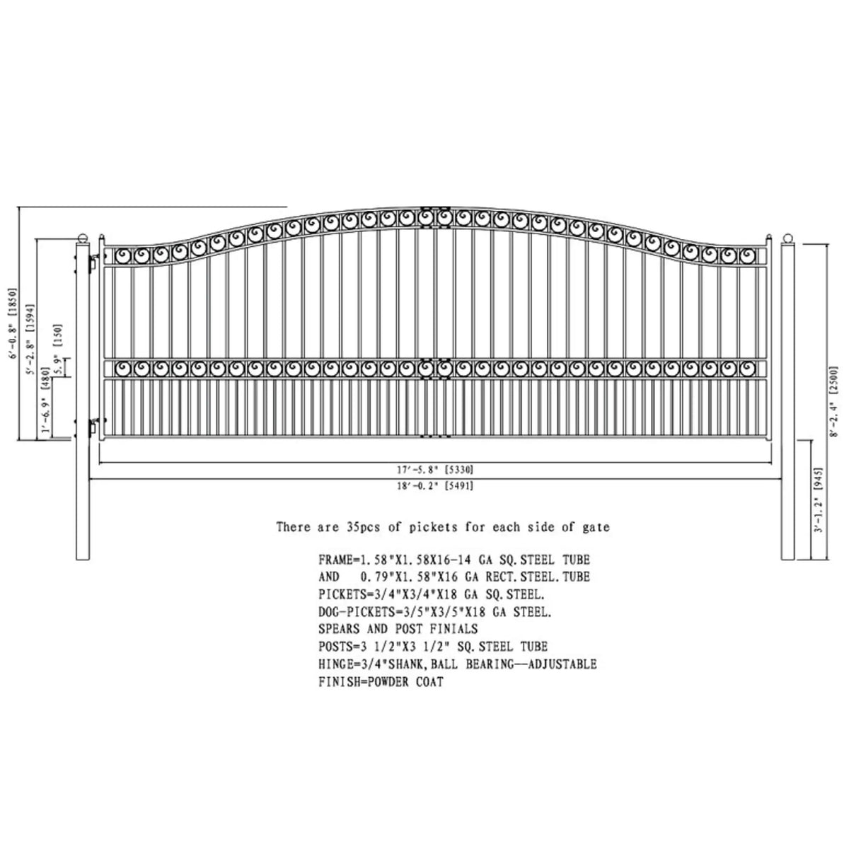[12-18FT] Heavy-Duty Paris-Style Galvanized Steel Single-Swing Driveway Gate (SAK78643) by SAKSBY WHOLESALE