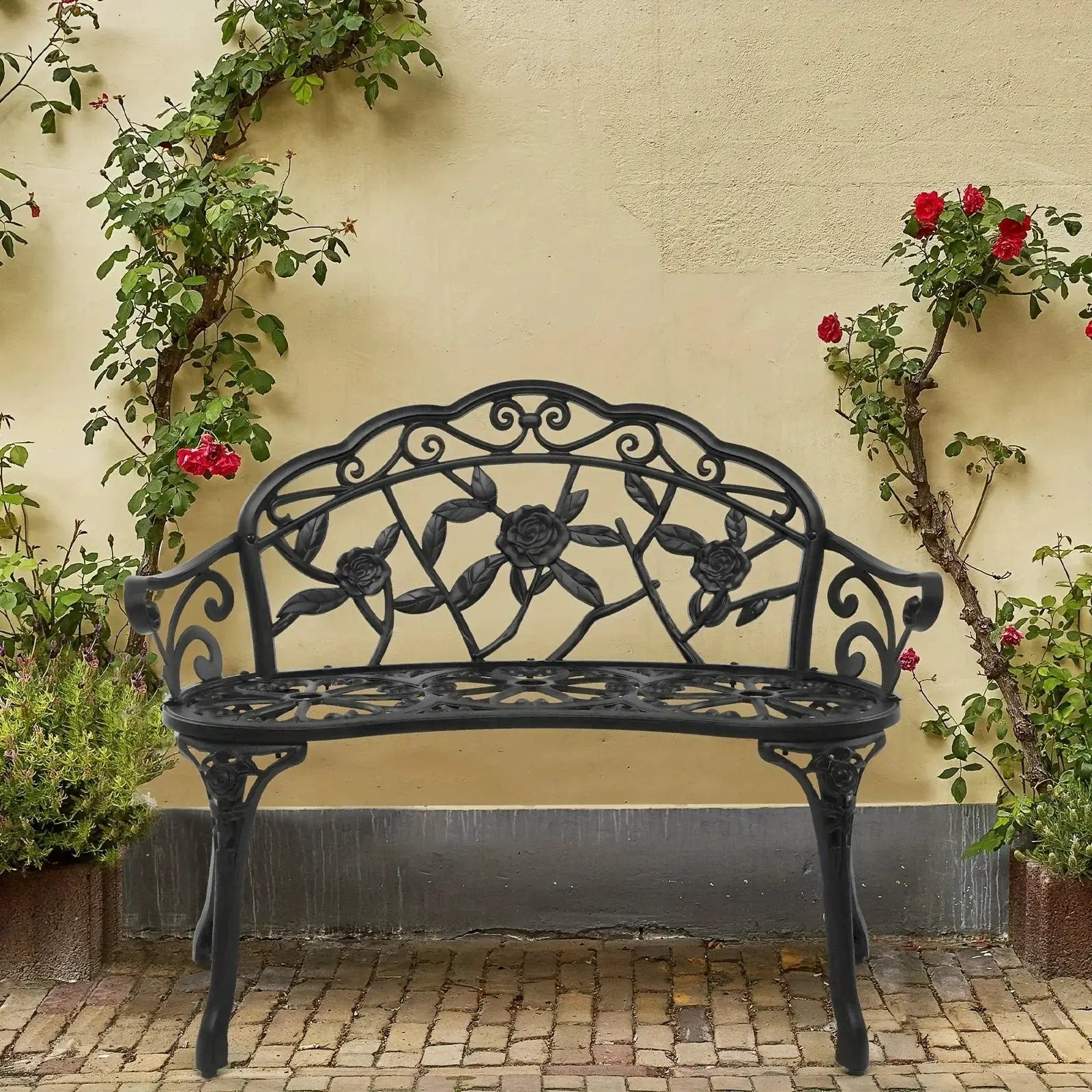 Floral Cast Aluminum Outdoor Garden Bench for 2 by House Of Avana