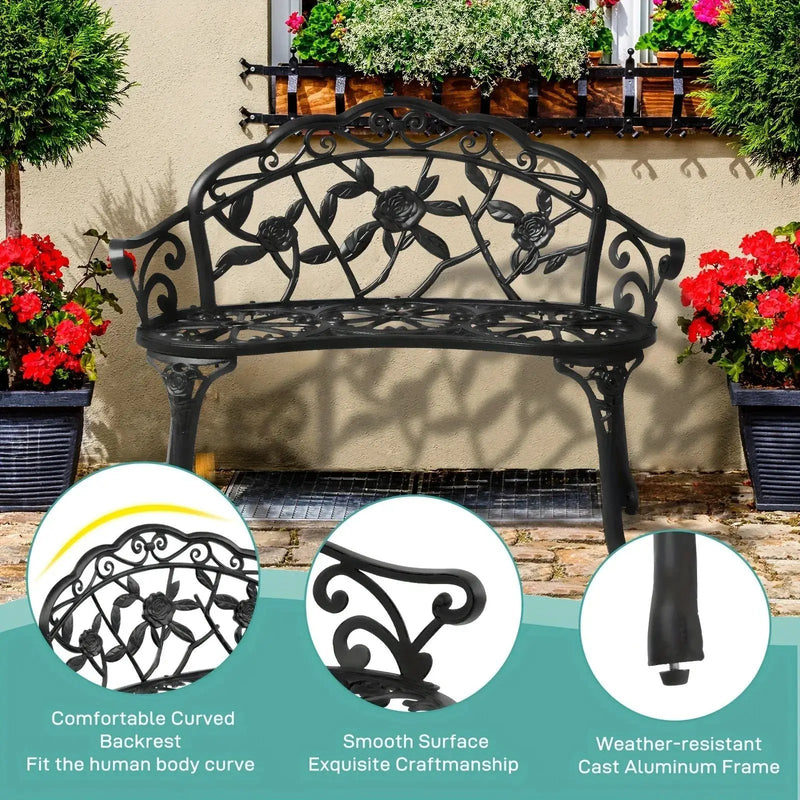 Floral Cast Aluminum Outdoor Garden Bench for 2 by House Of Avana