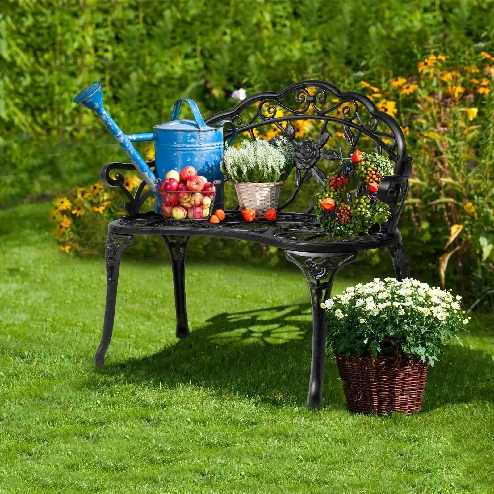 Floral Cast Aluminum Outdoor Garden Bench for 2 by House Of Avana