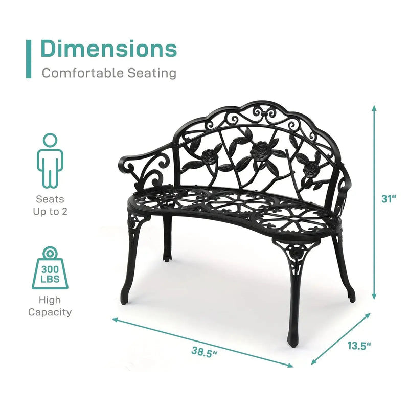 Floral Cast Aluminum Outdoor Garden Bench for 2 by House Of Avana