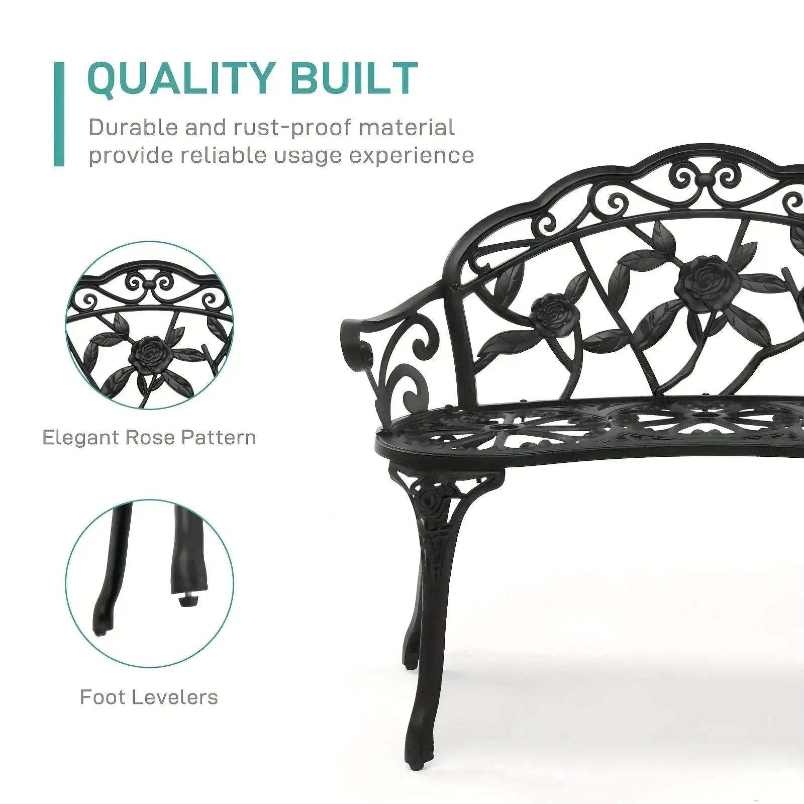 Floral Cast Aluminum Outdoor Garden Bench for 2 by House Of Avana
