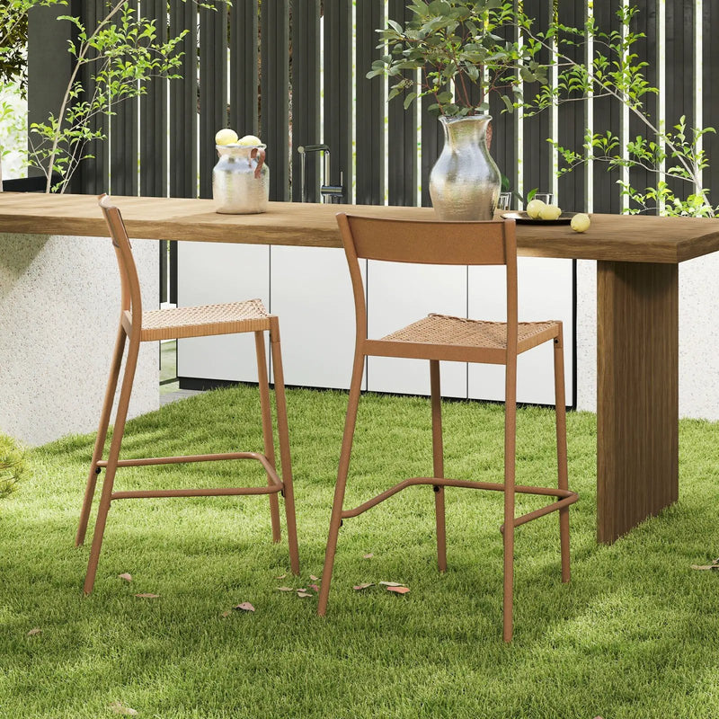 Patio Barstools Set of 2 with Rattan Seat and Metal Backrest-Light Brown by DirectDeals