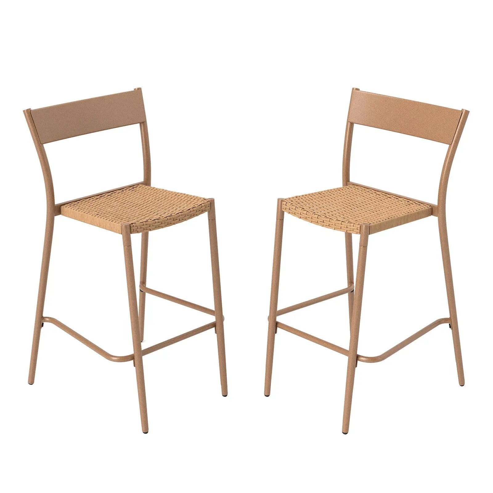 Patio Barstools Set of 2 with Rattan Seat and Metal Backrest-Light Brown by DirectDeals