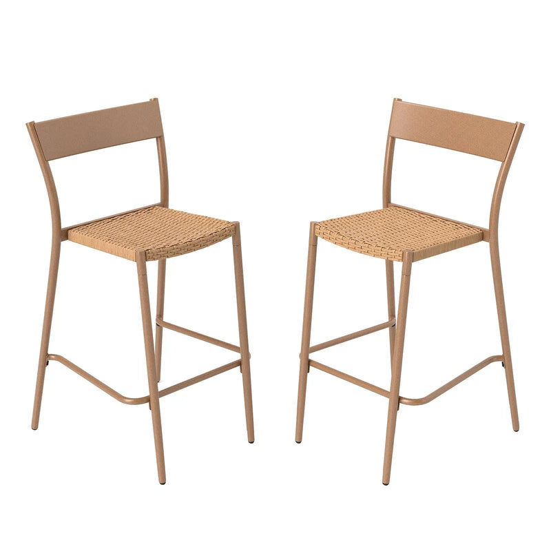 Patio Barstools Set of 2 with Rattan Seat and Metal Backrest-Light Brown by DirectDeals
